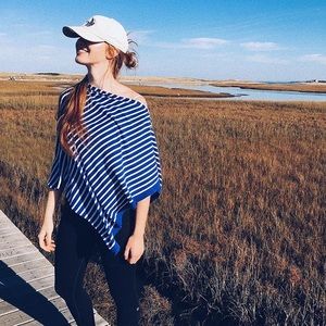 Blue and white striped poncho